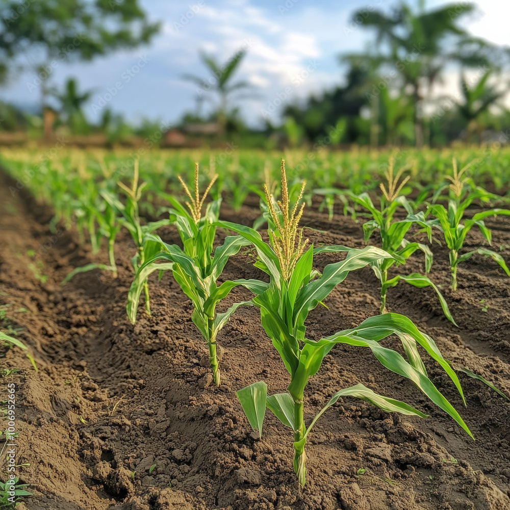 vibrant corn plants stand tall in fertile soil, showcasing beauty of thriving maize farm under clear sky. lush green leaves and golden tassels reflect promise of bountiful harvest vibrant corn plants stand tall in fertile soil, showcasing beauty of thriving maize farm under clear sky. lush green leaves and golden tassels reflect promise of bountiful harvest
