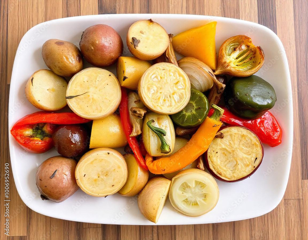 A plate of roasted vegetables including potatoes, bell peppers, and onions A plate of roasted vegetables including potatoes, bell peppers, and onions