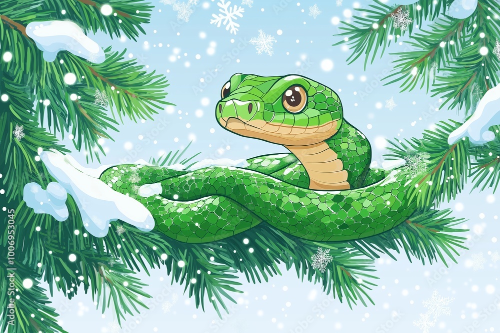 Fototapeta premium A green wooden snake is coiled around a Christmas tree branch amidst sparkling snowflakes and white snow