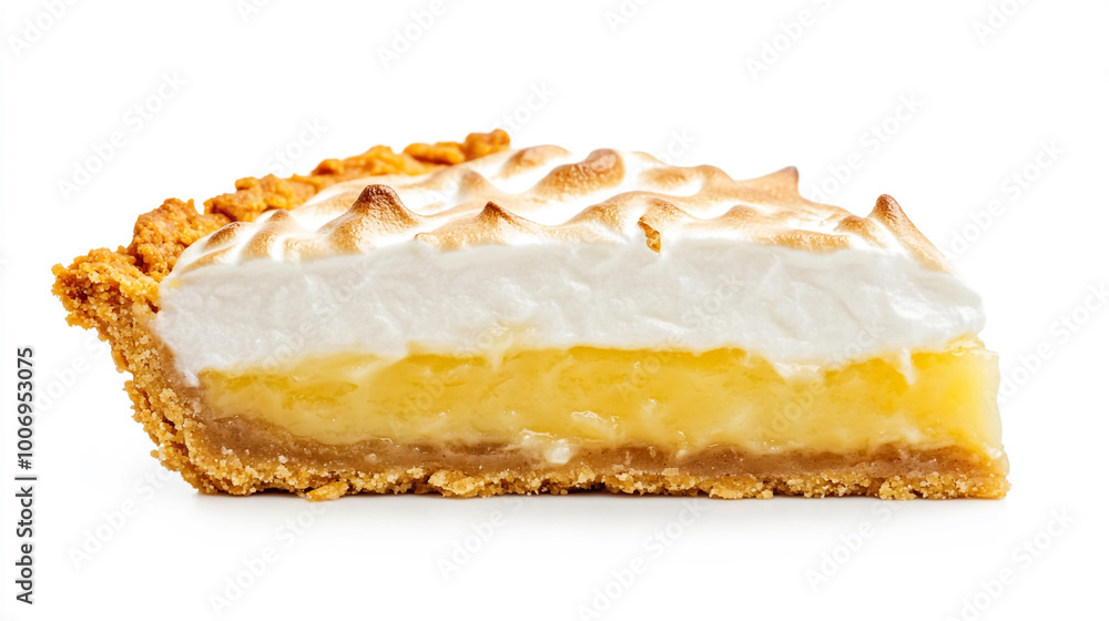 Refreshing slice of homemade lemon meringue pie on a white background Refreshing slice of homemade lemon meringue pie on a white background