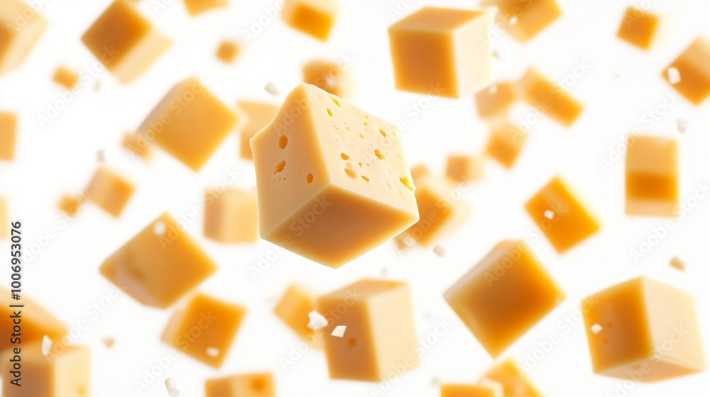 Floating cubes of cheddar cheese captured in mid-air against a bright background, showcasing a creative food presentation