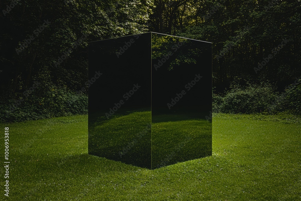 Fototapeta premium A surreal mirrored block blending into the natural scenery, with trees and foliage perfectly reflected