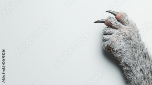 A werewolf s clawed hand, covered in fur and sharp nails, reaching out against a white background photo