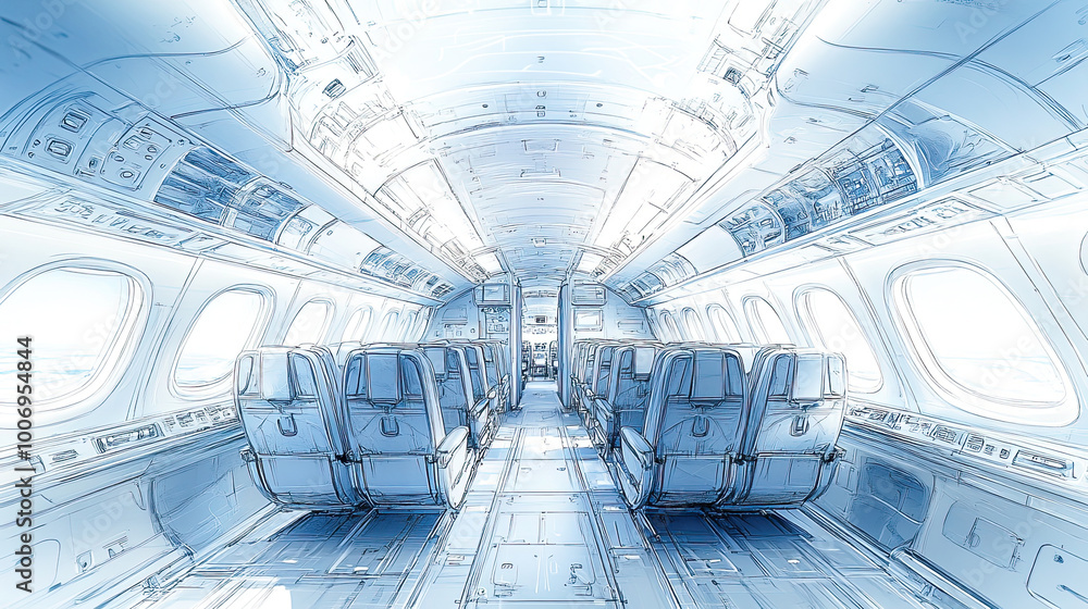 in front aircraft cabin ready for passengers. Blue hand-drawn artwork of an airplane in front aircraft cabin ready for passengers. Blue hand-drawn artwork of an airplane