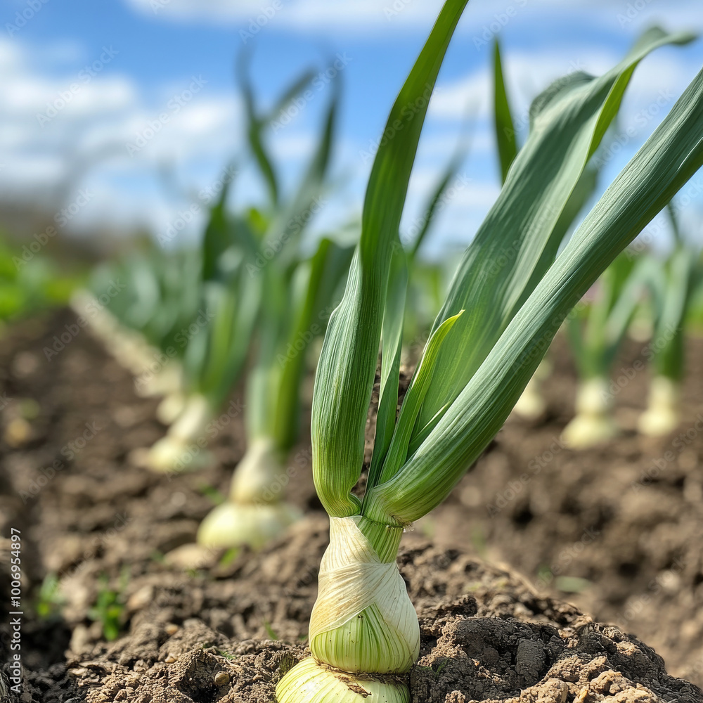 Obraz premium close up of leeks growing on farm, showcasing their vibrant green leaves and sturdy bulbs in rich soil. scene conveys sense of freshness and agricultural abundance