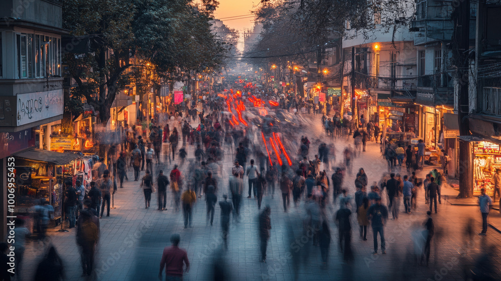 Obraz premium Busy urban street at sunset with motion blur of pedestrians, highlighting the vibrant city life, bustling crowds, and glowing streetlights in a dynamic metropolitan setting.