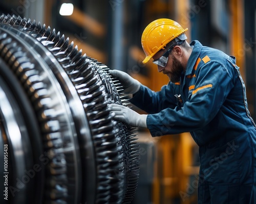 Engineer overseeing maintenance crew performing turbine blade inspection and cleaning to maximize power output photo