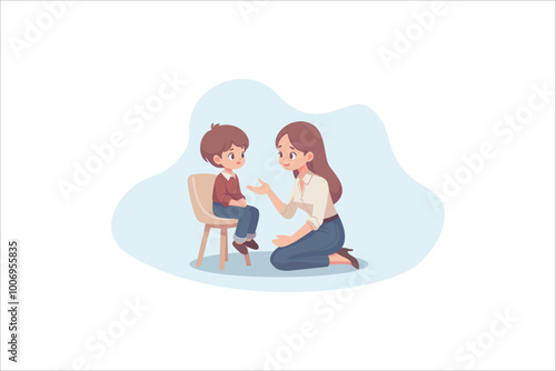Woman psychiatrist talking to child patient. Psychological help. Children counseling. vector illustration.