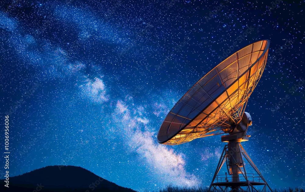 Massive satellite dish under the Milky Way, glowing against a starry night sky, symbolizing space communication and cosmic exploration Massive satellite dish under the Milky Way, glowing against a starry night sky, symbolizing space communication and cosmic exploration