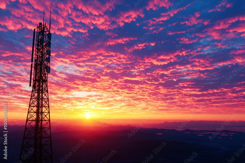 Modern communication tower overlooking a vast horizon, illuminated by the last rays of sunset, futuristic and serene environment