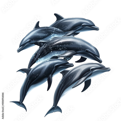 A dolphin pod swimming together showcasing their synchronized movements isolated photo