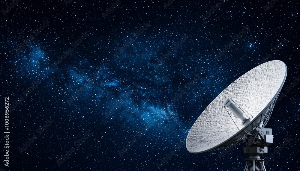 Radio telescope pointed at the night sky, glowing softly under the stars, symbolizing humanitys connection to the universe Radio telescope pointed at the night sky, glowing softly under the stars, symbolizing humanitys connection to the universe