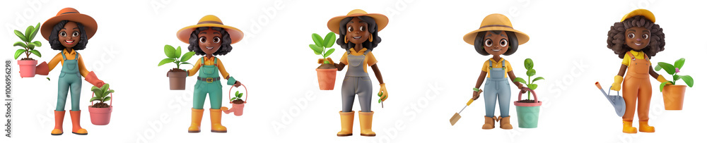Black woman mascot gardening, 3D cartoon illustration, isolated on transparent background, cute animated style, beautiful colors, generative ai