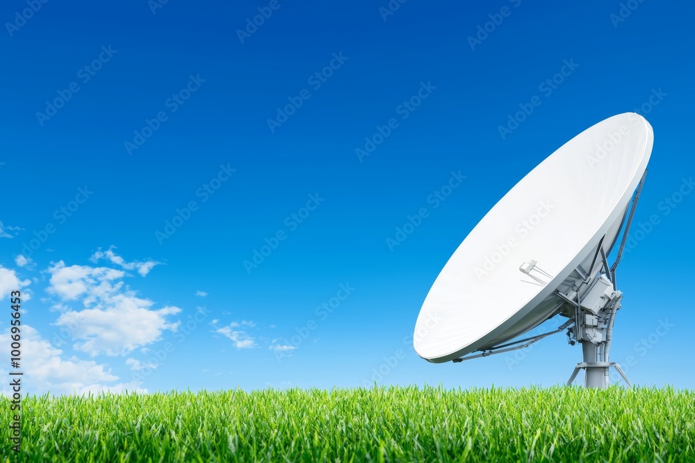 Satellite dish towering over a grassy field, clear skies and soft sunlight highlighting the intersection of nature and technology Satellite dish towering over a grassy field, clear skies and soft sunlight highlighting the intersection of nature and technology