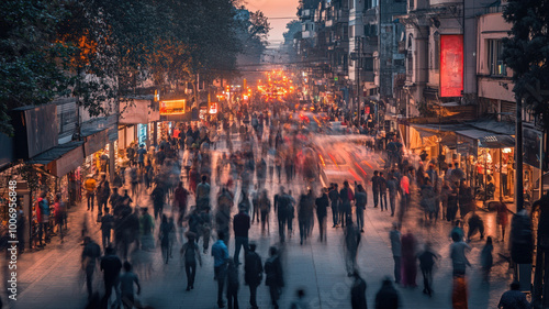 Busy urban street at sunset with motion blur of pedestrians, highlighting the vibrant city life, bustling crowds, and glowing streetlights in a dynamic metropolitan setting. photo