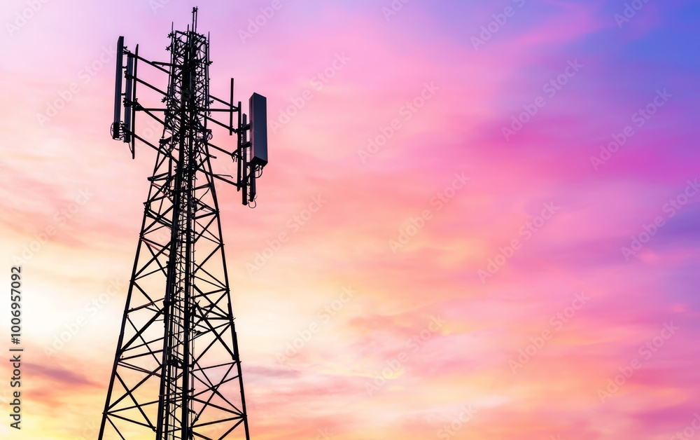 Telecom tower silhouetted against a vibrant sunset, pink and purple skies highlighting modern technology and connectivity Telecom tower silhouetted against a vibrant sunset, pink and purple skies highlighting modern technology and connectivity