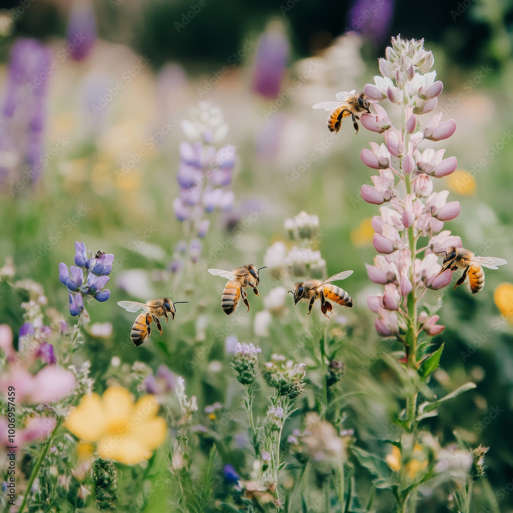 vibrant field of flowers with honeybees busily collecting nectar, showcasing beauty of nature and important role of pollinators in ecosystem