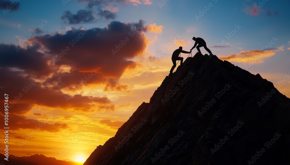 Two business figures helping each other climb a steep mountain, vibrant sky backdrop, symbolizing partnership and leadership Two business figures helping each other climb a steep mountain, vibrant sky backdrop, symbolizing partnership and leadership