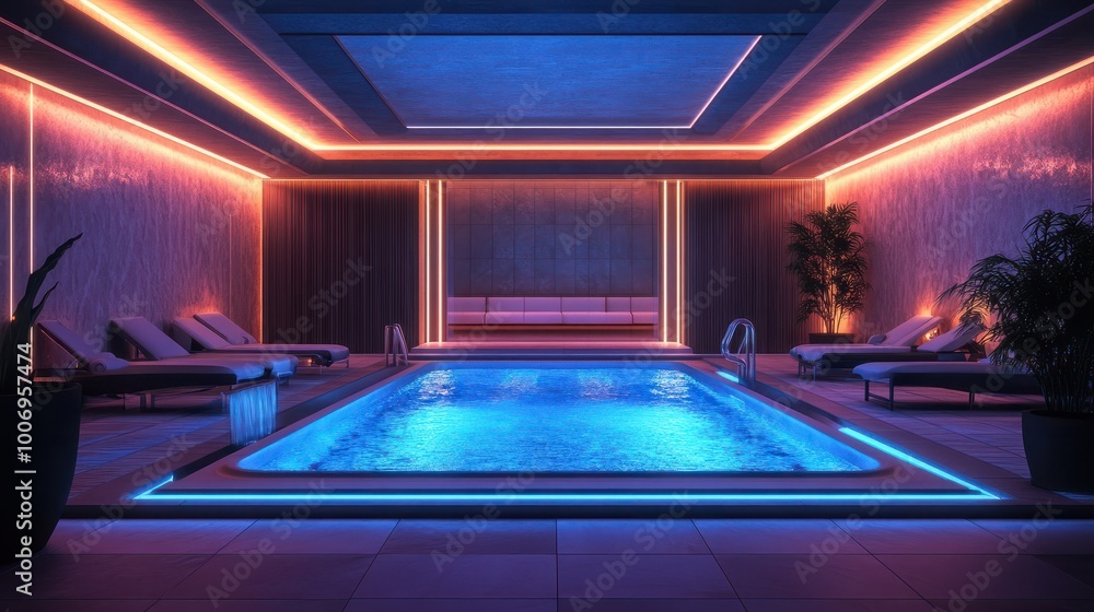 Fototapeta premium Interior of wellness center. Modern and luxury spa salon. Atmospheric lights in a room with lounges, hot tub and swimming pool