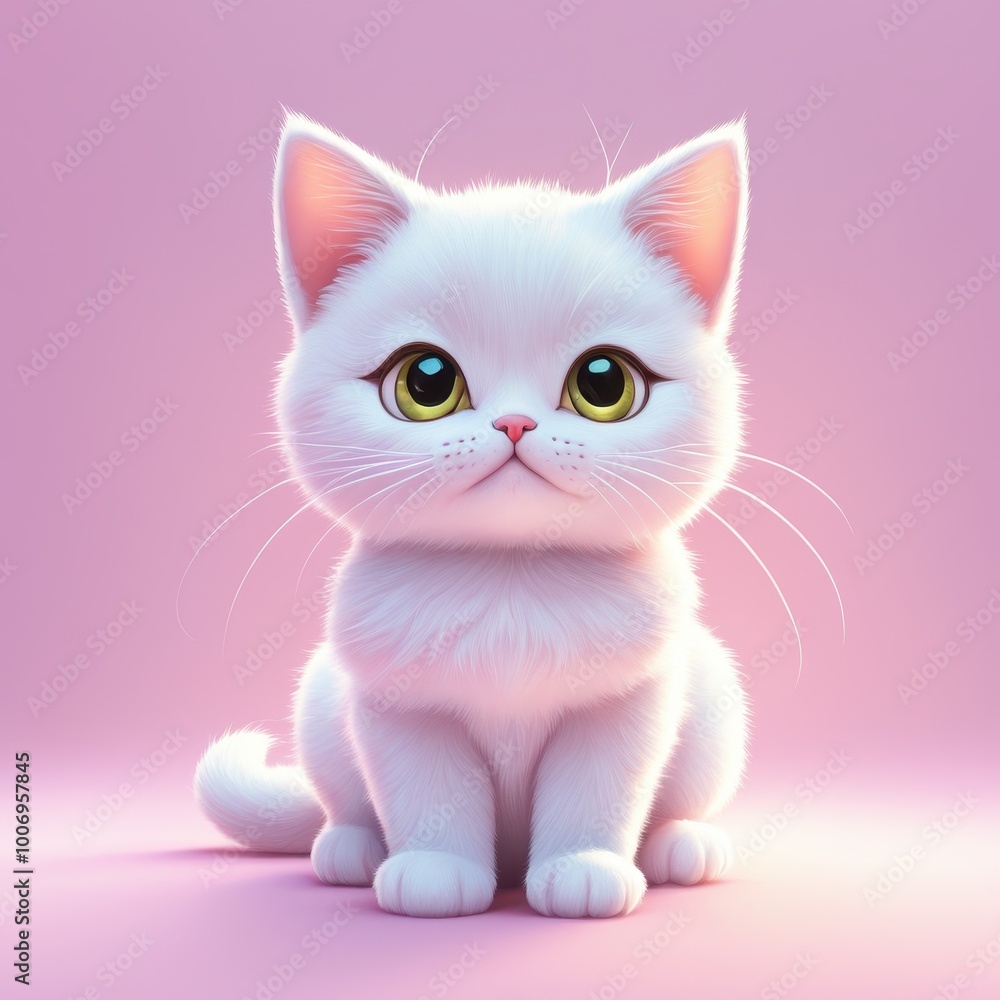 Fototapeta premium A cute, fluffy white kitten with large eyes sitting against a soft pink background.