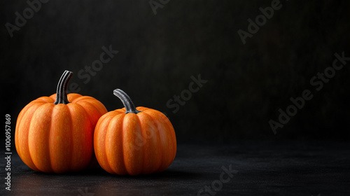  Halloween pumpkins on either side. Copy space in the center. Dark background