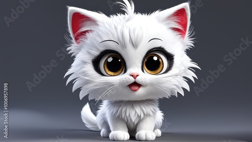 A cute, fluffy white kitten with large eyes, exuding a playful and charming demeanor.