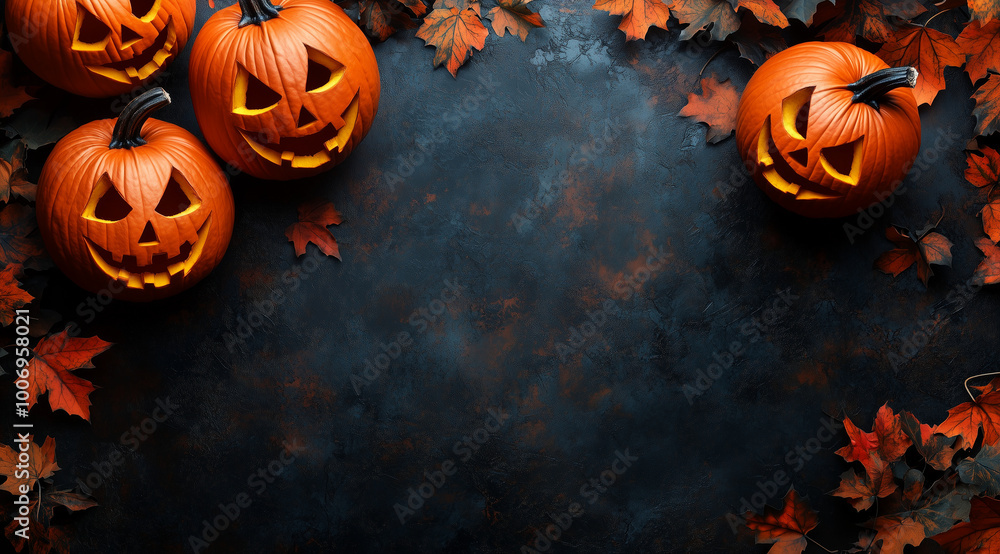 Halloween pumpkins with carved faces on a dark background, with space for copy. Concept image. Halloween pumpkins with carved faces on a dark background, with space for copy. Concept image.