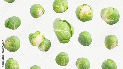Fresh brussels sprouts scattered on a light background, showcasing their vibrant green color