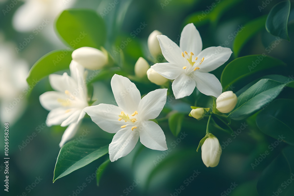 Close up of white flowers and buds blooming of green foliage Close up of white flowers and buds blooming of green foliage