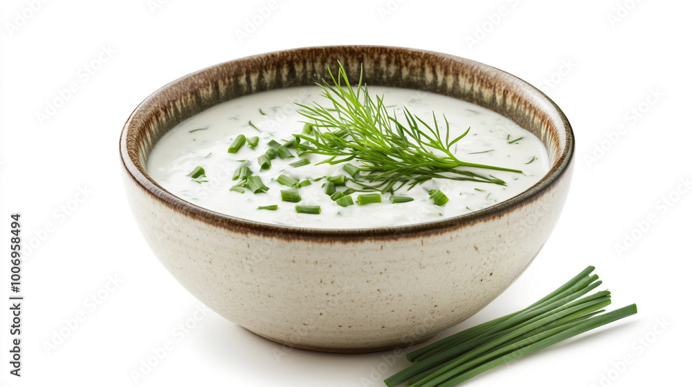 Creamy herb soup garnished with fresh chives in a rustic bowl displayed on a light background Creamy herb soup garnished with fresh chives in a rustic bowl displayed on a light background