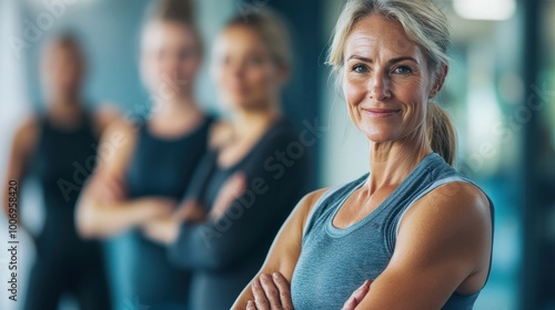 Middle-aged woman standing in a fitness studio, candidly expressing their active lifestyle through sport with friends.