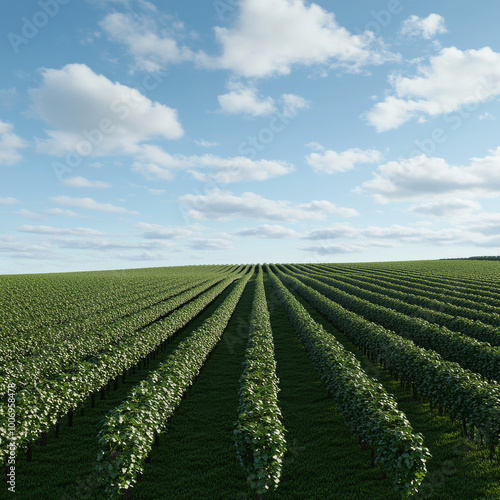 Lush green vineyard rows stretch across landscape under bright blue sky with fluffy clouds. scene captures beauty of nature and promise of fruitful harvest