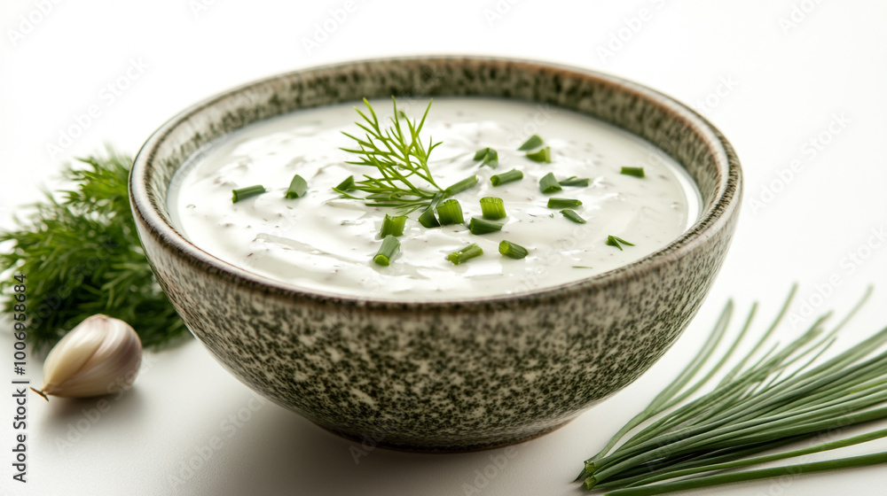Creamy garlic dip made with fresh herbs served in a rustic bowl on a light background Creamy garlic dip made with fresh herbs served in a rustic bowl on a light background