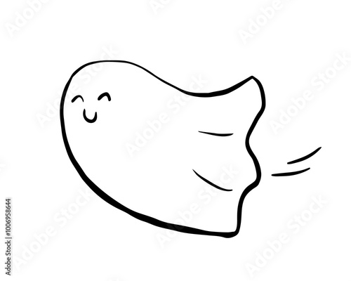 Flying ghost cute character doodle drawing, sketch style, black line on a white background