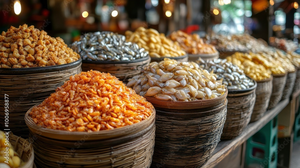 Dried Seafood and Snacks on Display at a Market Stall Dried Seafood and Snacks on Display at a Market Stall