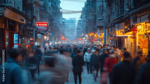 Crowded street in an Asian city at dusk with motion blur, showcasing bustling urban life, vibrant city lights, and local architecture in a dynamic metropolitan environment.