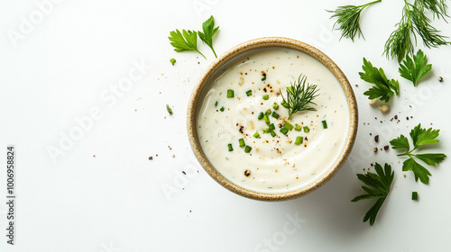 Delicious creamy dip garnished with herbs and spices in a rustic bowl on a light background
