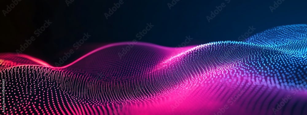 Abstract wave of glowing pink and blue particles against a dark background. Abstract wave of glowing pink and blue particles against a dark background.