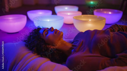 Healing sound bath with large quartz bowls emitting harmonic tones, patient laying on soft blankets, absorbing the frequencies for inner healing photo