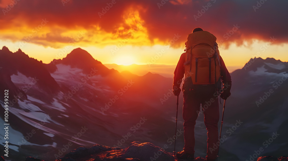 Silhouette of Hiker at Sunrise in Mountain Landscape Silhouette of Hiker at Sunrise in Mountain Landscape