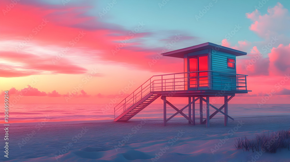 Sunset Beach House with Pink Clouds 3D Illustration Sunset Beach House with Pink Clouds 3D Illustration