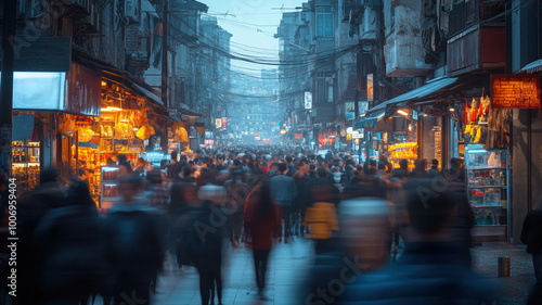 Wallpaper Mural Crowded street in an Asian city at dusk with motion blur, showcasing bustling urban life, vibrant city lights, and local architecture in a dynamic metropolitan environment. Torontodigital.ca