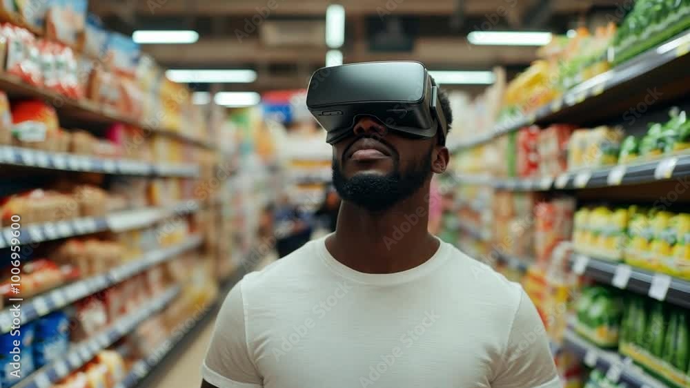 A black man buyer wearing virtual reality glasses navigates the grocery aisles, surrounded by colorful products on weekend A black man buyer wearing virtual reality glasses navigates the grocery aisles, surrounded by colorful products on weekend
