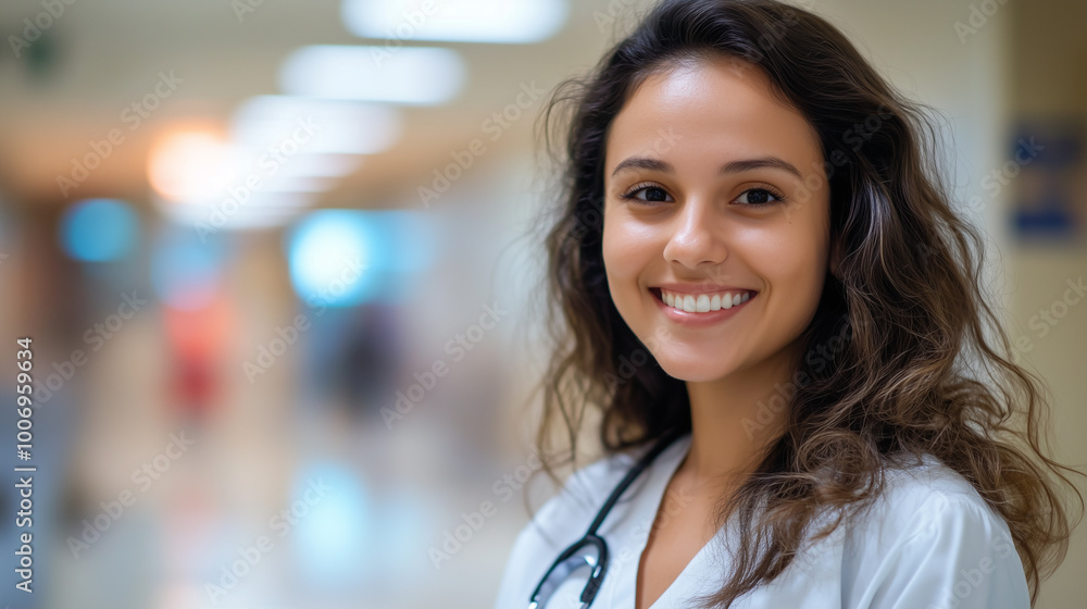 Uma mulher com roupas de médica em um consultório médico ou hospital com fundo desfocado Uma mulher com roupas de médica em um consultório médico ou hospital com fundo desfocado