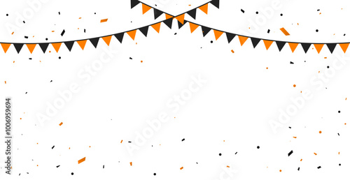 Black And Orange Confetti Ribbon With Party Flags On White Background. Celebration Event And Happy Birthday. Halloween Color Concept. Vector Illustration