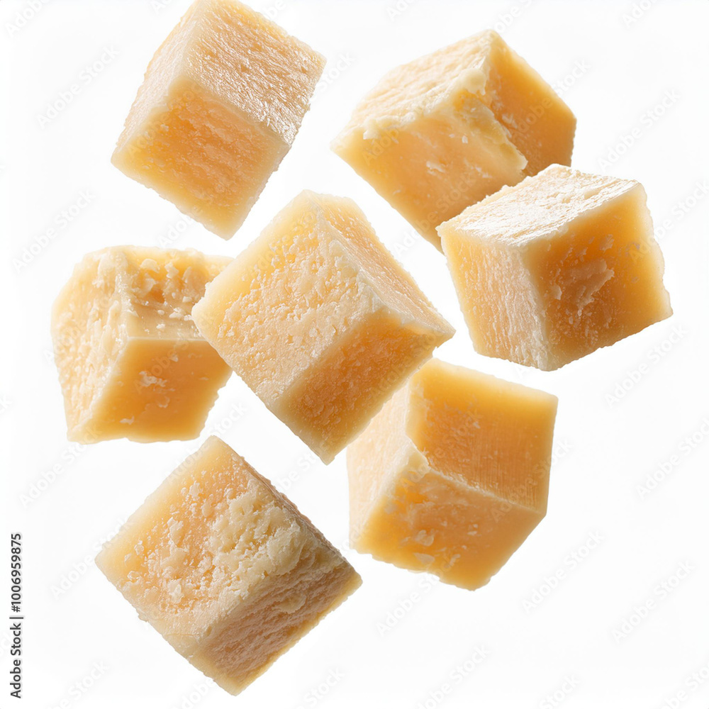 Queijo parmesão cortado em cubos, flutuando no ar isolado em fundo branco. Queijo parmesão cortado em cubos, flutuando no ar isolado em fundo branco.