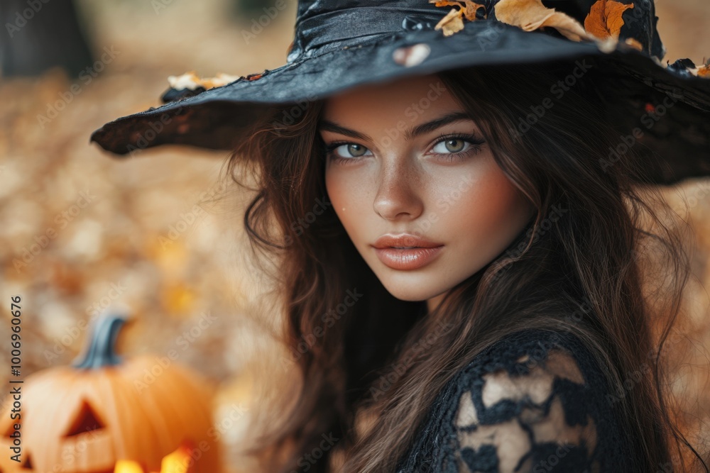 Witch in Black Hat Among Autumn Leaves Witch in Black Hat Among Autumn Leaves