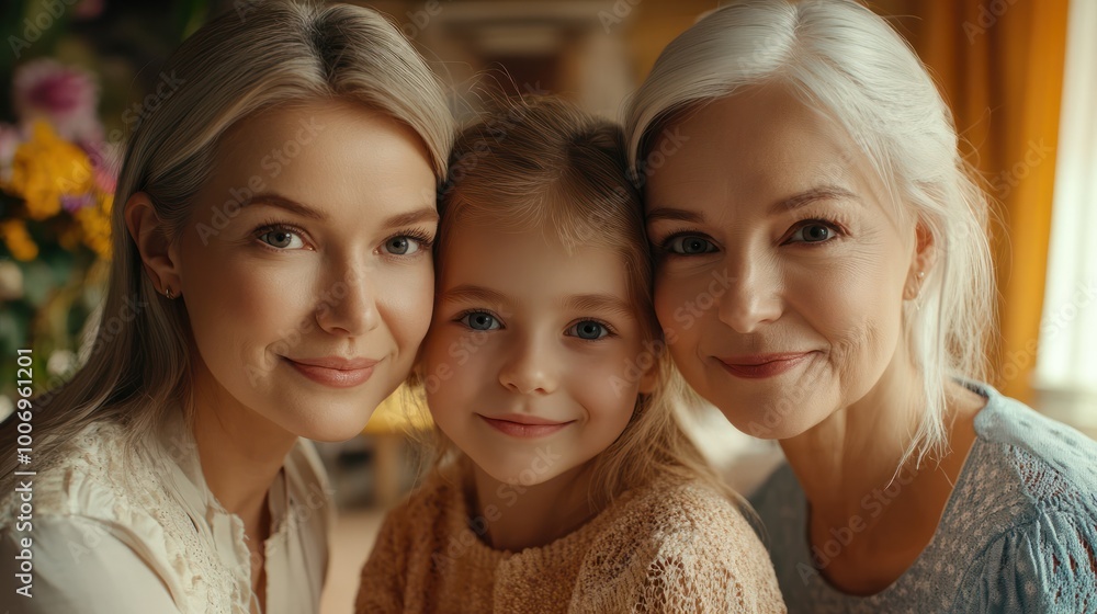 Portrait of three generations of women look at camera posing for family picture, cute little girl hug mom and granny enjoy time at home, smiling mother, daughter and grandmother spend, Generative AI Portrait of three generations of women look at camera posing for family picture, cute little girl hug mom and granny enjoy time at home, smiling mother, daughter and grandmother spend, Generative AI