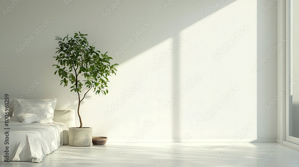 A chic, minimalist bedroom featuring white walls, a single plant, and modern decor that creates a peaceful atmosphere. The clean lines and simplicity promote relaxation and tranquility. A chic, minimalist bedroom featuring white walls, a single plant, and modern decor that creates a peaceful atmosphere. The clean lines and simplicity promote relaxation and tranquility.