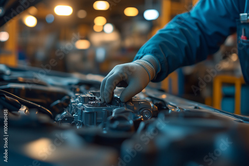 a friendly white man wearing protective gloves and adjusting a car part under the hood. The garage is brightly lit, and the background is Blureed wi